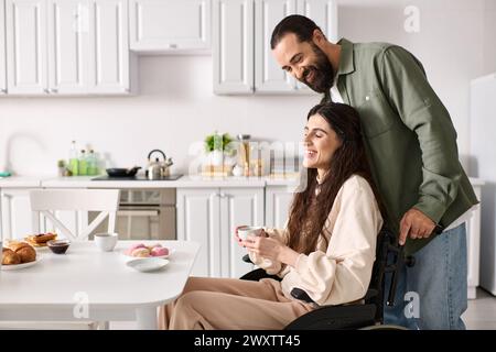 Positiv liebevoller Mann, der Zeit beim Frühstück mit seiner behinderten, schönen Frau im Rollstuhl verbrachte Stockfoto