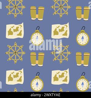 Süßes Marinebildmuster mit Rad, Kompass, Karte. Nahtloser Vektor-Seedruck für Textil, Stoff, Kinderzimmer. Vektorillustration von Meeresgegenständen auf Blau Stock Vektor