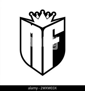 Auffälliges Monogramm des MF Letters mit Schildform und scharfer Krone im Schild in Schwarz-weiß-Farbe Stockfoto