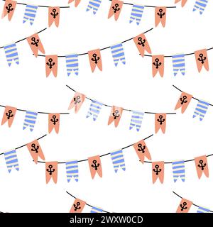 Niedliches Babymuster mit Flaggen mit Anker. Nahtloser Vektor-Seedruck für Textil, Stoff, Kinderzimmer. Vektorillustration von Anker und Streifen. Stock Vektor