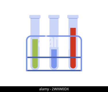 Medizinische Reagenzgläser mit Proben, blau, Kolben mit roter und grüner Flüssigkeit auf Rack-Vektor-Illustration Stock Vektor