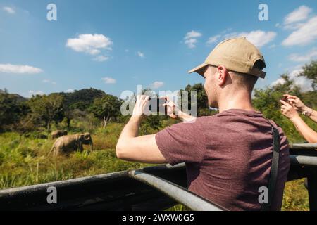 Der Tourist fotografiert eine Herde wilder Elefanten mit einem Smartphone. Ein Mann, der eine Safari in Sri Lanka genießt. Stockfoto