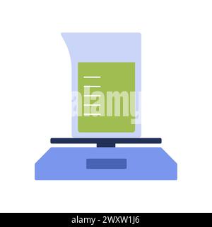Glaskolben mit grüner Flüssigkeit auf elektronischen Waagen, Vektor-Illustration chemischer Laborgeräte Stock Vektor