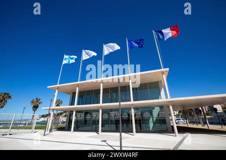 Marseille, Frankreich. April 2024. © PHOTOPQR/LA PROVENCE/SPEICH Frederic ; Marseille ; 02/04/2024 ; Einweihung officielle de la Marina olympique du Roucas Blanc pour les Jeux olympiques de Paris 2024 Marseille, Frankreich, 2. april 2024 2024 Olympische Spiele. Eröffnung des Olympischen Yachthafens in Anwesenheit des Sportministers und Bürgermeisters von Marseille Credit: MAXPPP/Alamy Live News Stockfoto