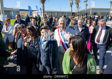 Marseille, Frankreich. April 2024. © PHOTOPQR/LA PROVENCE/SPEICH Frederic ; Marseille ; 02/04/2024 ; Einweihung officielle de la Marina olympique du Roucas Blanc pour les Jeux olympiques de Paris 2024 avec Amelie OUDEA-CASTERA Ministry des Sports (C) Marseille, Frankreich, 2. april 2024 2024 Olympische Spiele. Eröffnung des Olympischen Yachthafens in Anwesenheit des Sportministers und Bürgermeisters von Marseille Credit: MAXPPP/Alamy Live News Stockfoto