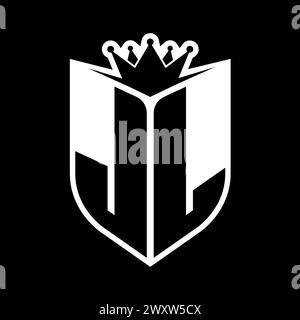 Auffälliges Monogramm JL Letter mit Schildform und scharfer Krone im Schild in schwarz-weißer Farbvorlage Stockfoto