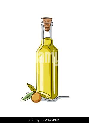 Hohe Glasflasche mit Korken und Olivenöl isoliert. Stock Vektor