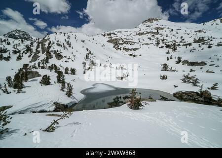 Pacific Crest Trail. Ein schneebedeckter Berg mit einem See in der Mitte. Der See ist von Bäumen umgeben und der Himmel ist blau Stockfoto