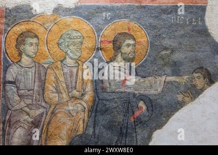 Freskenmalerei der Heilung des Blinden, Prizren, 14. Jahrhundert, Nationalmuseum, Belgrad, Serbien Stockfoto