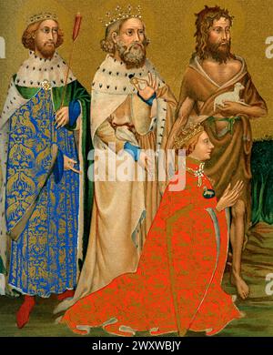 RICHARD II. VON ENGLAND (1367=1400) mit seinem Schutzpatron Heilige von links: Edmund der Märtyrer, Eduard der Bekenner, John der Täufer, aus dem Wilton Diptychon Stockfoto