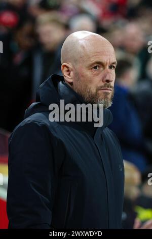 LONDON, UK - 30. März 2024: Manchester United-Trainer Erik Ten Hag sieht vor dem Premier League-Spiel zwischen Brentford FC und Manchester Uni Stockfoto