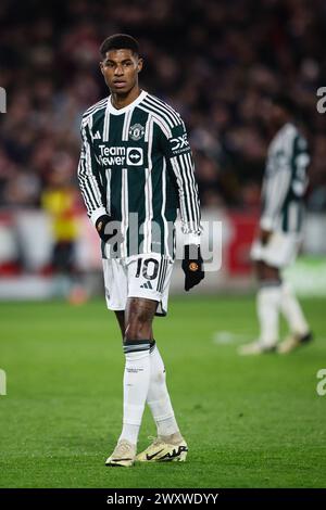 LONDON, UK - 30. März 2024: Marcus Rashford von Manchester United sieht beim Spiel der Premier League zwischen Brentford FC und Manchester United an Stockfoto
