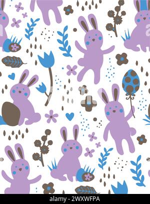 Nahtloses Muster mit Blumen und Blättern und süßen Häschen. Vektordatei für Konstruktionen. Stock Vektor
