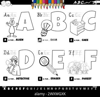 Schwarz-Weiß-Cartoon-Illustration von Großbuchstaben aus Alphabet Lernset zum Lesen und Schreiben Praxis für Kinder aus A bis F colori Stock Vektor