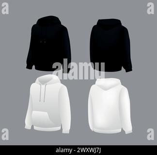 Leere schwarz-weiße Hoodie-Vorlage. Langärmelige Sweatshirt-Vorlage mit Clipping-Pfad. Stock Vektor