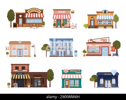 Set aus verschiedenen flachen Stadtgebäuden. Stock Vektor