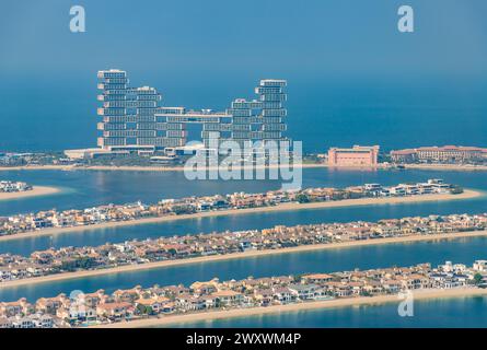 Ein Bild von Palm Jumeirah und Atlantis The Royal Hotel. Stockfoto