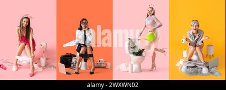 Set von lustigen jungen Frauen, die auf Toilettenschüsseln vor farbigem Hintergrund sitzen Stockfoto