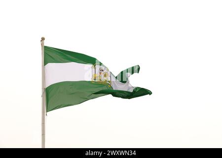 Die grün-weiße andalusische Flagge mit dem Emblem des Herkules und zwei Löwen wird gefangen, während sie unter dem hellen Mittagshimmel in der Brise weht Stockfoto