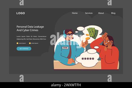 Cybersicherheitskonzept. Eine ansprechende Illustration, die ein trügerisches Gespräch aufzeichnet und das Bewusstsein für die Leaks personenbezogener Daten und Cyberkriminalität schärft. Illustration des flachen Vektors. Stock Vektor