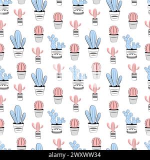 Nahtloses Muster mit niedlichen Kakteen auf weißem Hintergrund Stock Vektor