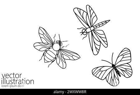 Line Art Schmetterling Biene und Libelle. Naturschönheit Bio-Kosmetik-Konzept. Silhouettendesign für die ökologische Umgebung. Eine skizzierte Umrisszeichnung Stock Vektor