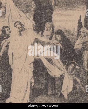 Alte heilige Karte über die sieben Leiden der seligen Jungfrau Maria. Sechste Trauer : die Niederschlagung des Leibes Jesu vom Kreuz 1900. Zusätzliche Rechte-Clearences-not available. Stockfoto