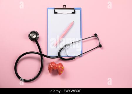 Endokrinologie. Stethoskop, Clipboard, Modell der Schilddrüse und Stift auf rosa Hintergrund, flache Lage Stockfoto