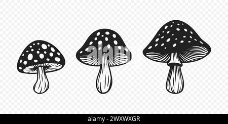 Vektor Schwarz und weiß handgezeichnete Cartoonpilze. Pilzillustration, Pilzsammlung, Handgezeichnete Pilzdesign-Vorlage Stock Vektor