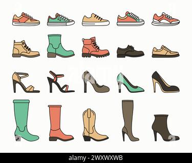 Flache Vektorschuhe Linear für Männer und Frauen, Symbolsatz isoliert. Turnschuhe, Schuhe, Stiefel Schuhe Farbsymbole Stock Vektor