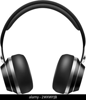 Musik-Ohrhörer. Realistische schwarze Kopfhörerfront, isoliert auf weißem Hintergrund. Persönliches Musikzubehör. Schnurlose, mobile Ohrstöpsel. Audio Stock Vektor