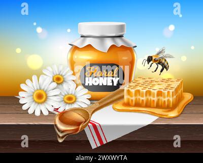 Honigzusammensetzung. Glas, Holzlöffel mit tropfendem Sirup, Kamillenblüten, fliegende Biene. Realistische isolierte Elemente. Werbebanner. Süß Stock Vektor