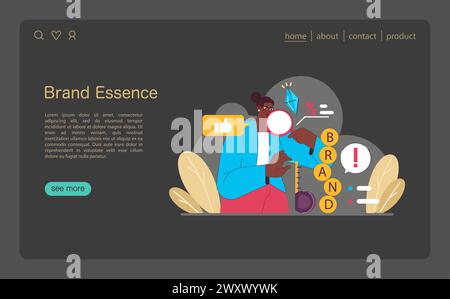 Brand Essence Konzept. Eine akribische Untersuchung der Kernwerte der Marke und der einzigartigen Verkaufsargumente, die die Bedeutung von Authentizität bei der Markendarstellung unterstreichen. Illustration des flachen Vektors Stock Vektor
