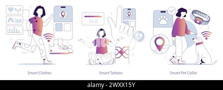 Tragbares Tech-Set. Intelligente Kleidung mit integrierten Gesundheitsdaten, Tattoos zur Überwachung und Hundehalsen zur Verfolgung. Nahtlose technische Integration in das tägliche Leben. Vektorabbildung. Stock Vektor