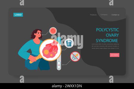 Polyzystisches Ovarialsyndrom dunkel oder Nachtmodus Web, Landung. Frau, die gynäkologische Erkrankung untersucht, mit entzündeten Ovarien, Indikatoren für PCOS-Gesundheitszustand. Reproduktive Gesundheit. Illustration des flachen Vektors Stock Vektor