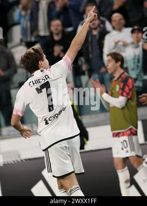 Turin, Italien. April 2024. Federico Chiesa (Juventus FC) feiert während des Spiels Juventus FC gegen SS Lazio, italienischer Fußball Coppa Italia in Turin, Italien, 02. April 2024 Credit: Independent Photo Agency/Alamy Live News Stockfoto
