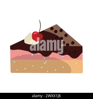 Cartoon-Stück Kuchen. Verschiedene bunte Kuchenscheiben, Käfig und Restaurant süßes Dessert mit Creme glasiert Obst und Kekse. Vektorgebäckstücke Stock Vektor