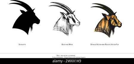 Illustration des Vektors Oryx nur Fläche. Tierzeichnung. Oryx detaillierte Vektordarstellung. Silhouette, schwarz und weiß. Organisierte und benannte Ebenen Stock Vektor