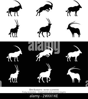 Legendäre, minimalistische Oryx-Silhouette: National Animal pf Katar, Namibia, Jordanien und Oman. Vektorabbildung. Stock Vektor