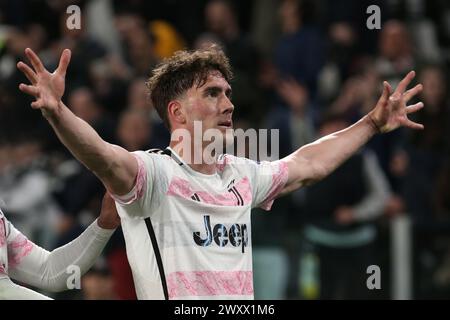 Turin, Italien. April 2024. Dusan Vlahovic (Juventus FC) feiert während des Spiels Juventus FC gegen SS Lazio, italienischer Fußball Coppa Italia in Turin, Italien, 02. April 2024 Credit: Independent Photo Agency/Alamy Live News Stockfoto