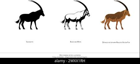 Oryx Standing Vector Illustration. Oryx Silhouette. Schwarz-weiß. Detaillierter Oryx-Vektor. Realistische Tierillustration – organisierte Ebenen und Animaten Stock Vektor