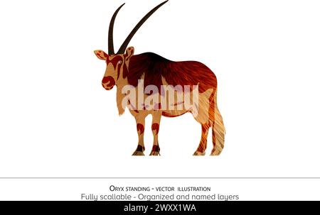 Oryx Standing Vector Illustration. Realistische Tierillustration – organisierte Ebenen und animierungsfähiger Vektor. Realistische Fuchsvektorzeichnung Stock Vektor