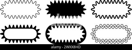Satz verschiedener ovaler Rahmen mit wackeligen Kanten. Rechteckige Formen mit welligen Rändern. Bild- oder Spiegelrahmen, leere Textfelder, Tags oder Etiketten für Scrapbook-Elemente. Vektorgrafik. Stock Vektor