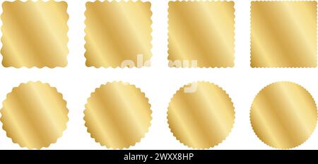 Set aus goldenen quadratischen und kreisförmigen Aufklebern mit gewellten Rändern. Wiggly rund und quadratisch glänzende Etiketten, Abzeichen, Preisschilder, Stempel, Verkaufsangebote isoliert auf weißem Hintergrund. Vektorabbildung. Stock Vektor