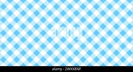 Blaues und weißes diagonales Gingham-Muster. Tischdecke, Picknick-Karo, Korbserviette, Handtuch oder Taschentuch. Baumwoll-, Leinen- oder Flanell-Textil. Karierter Hintergrund. Illustration der Vektorabwicklung. Stock Vektor