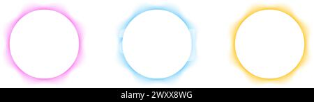 Set mit verschwommenen runden Rahmen. Kreisformen mit rosafarbenen, blauen und gelben Neonverlaufsrändern, die auf weißem Hintergrund isoliert sind. Abstrakte Designelemente oder Webbanner mit leerem Platz. Vektorabbildung. Stock Vektor