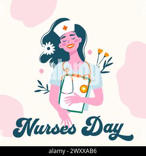 Happy Nurses Day. Vektorgrußkarte für Krankenschwester. Professionelle medizinische Feiertagsfeier im Vektor-Cartoon-flachen Stil mit Blumen Stock Vektor