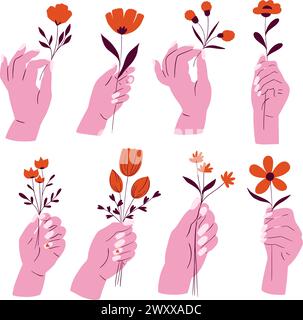Frau Hand hält einen Blumenstrauß Vektor flache Art, modernes Zeichentrickset Gruß Happy Icon Sammlung. Stock Vektor