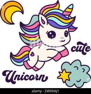 Niedliche Zeichentrick-Einhorn-Karte mit Mond-Poster isoliert auf Einem weißen Einhorn-Regenbogen-Kinder-Tier-Vektor Stock Vektor