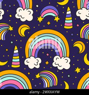 Niedliches Zeichentrickmuster Regenbogen Einhorn Horn Wolken und Mond nahtloses Muster. Sternenhimmel Mit Regenbogenhimmel. Kindergeburtstag Und Babydusche Vektor-Hintergrund Stock Vektor